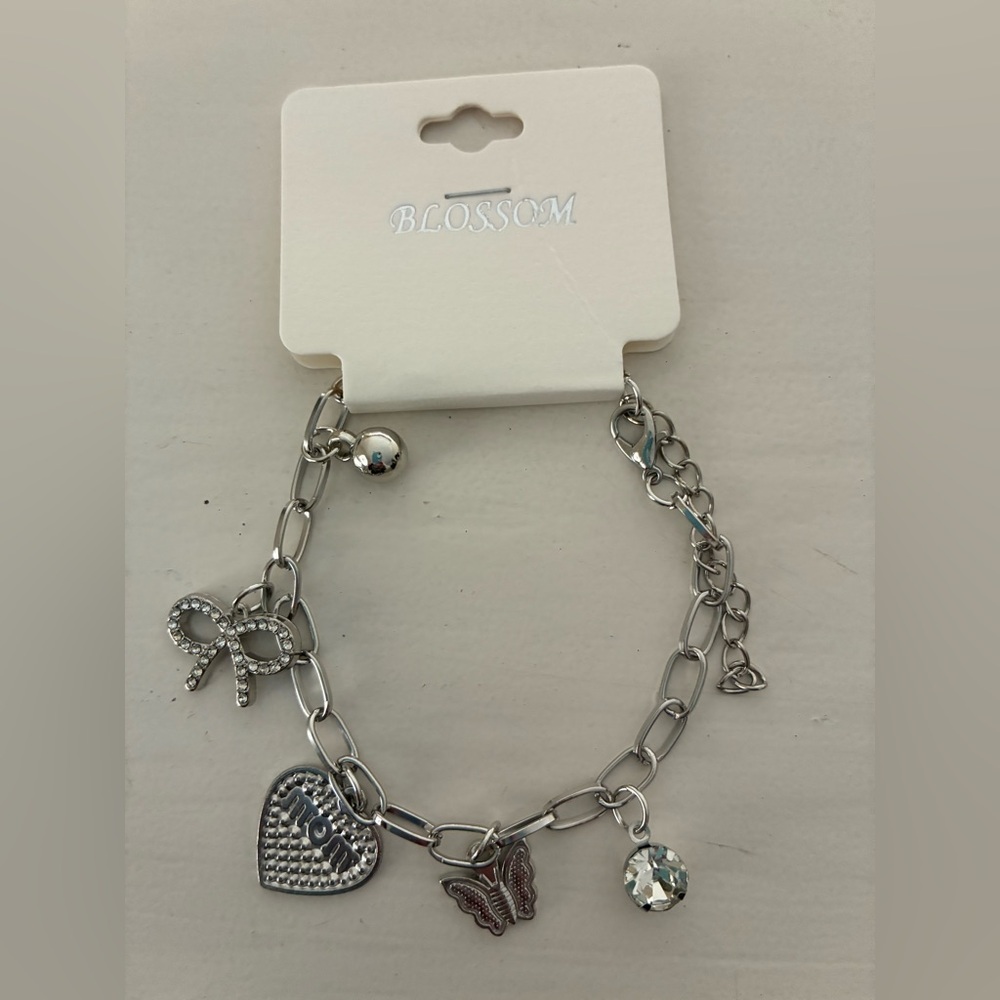 Blossom Silver Charm “Mom” Bracelet with heart, bow and other designs